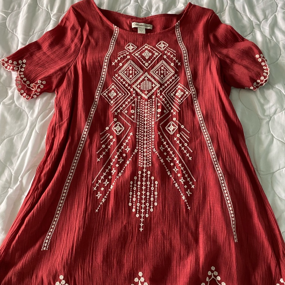 Coldwater Creek Brick Red Embroidered Tunic Blouse Small